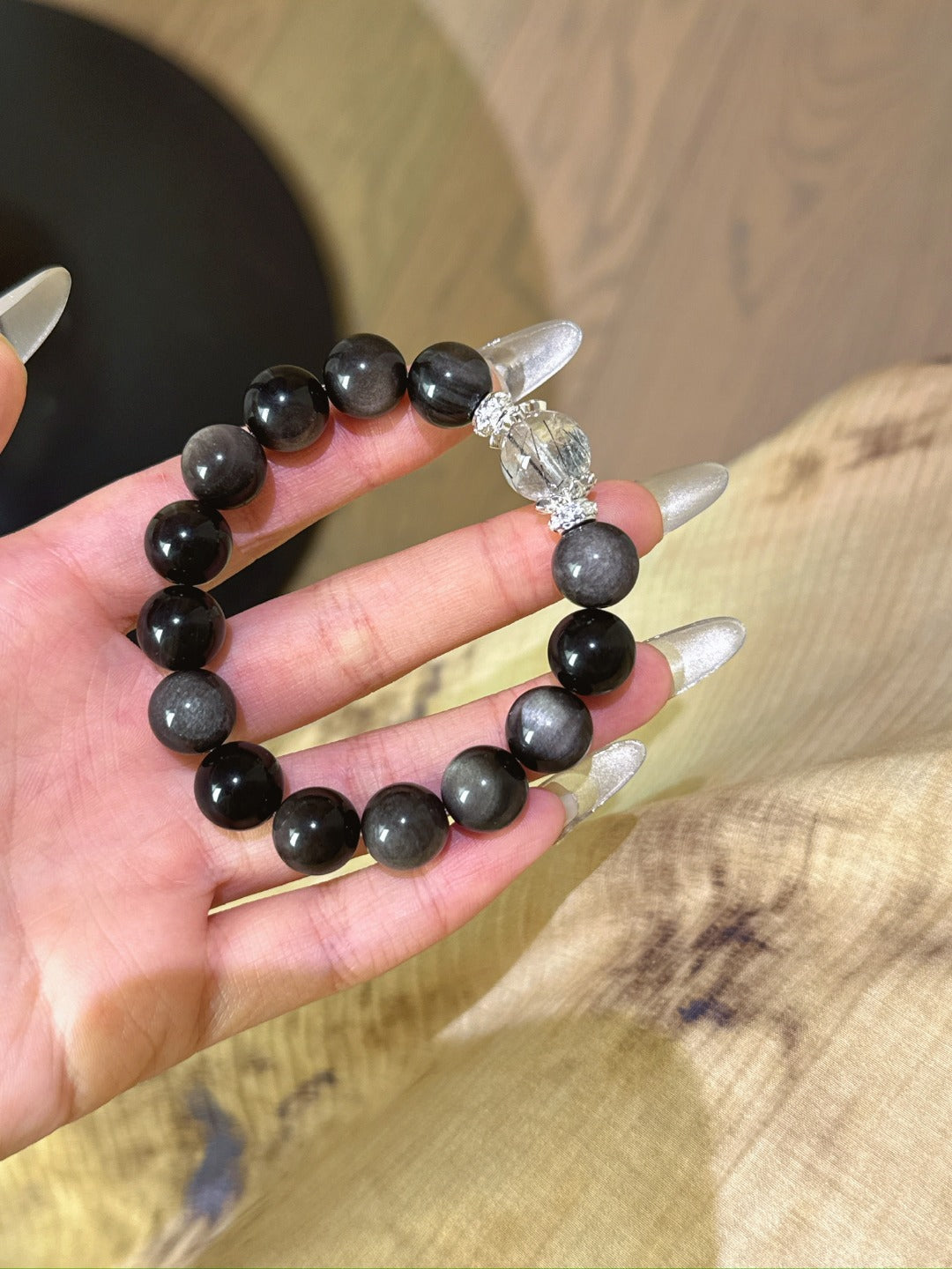 ▫️▪️ Silver obsidian black hair crystal bracelet